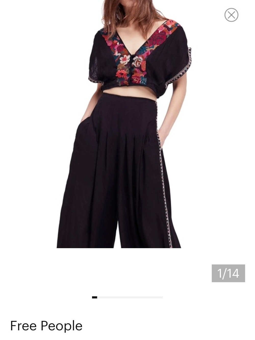Free People Black Embroidered V-Neck Crop Top